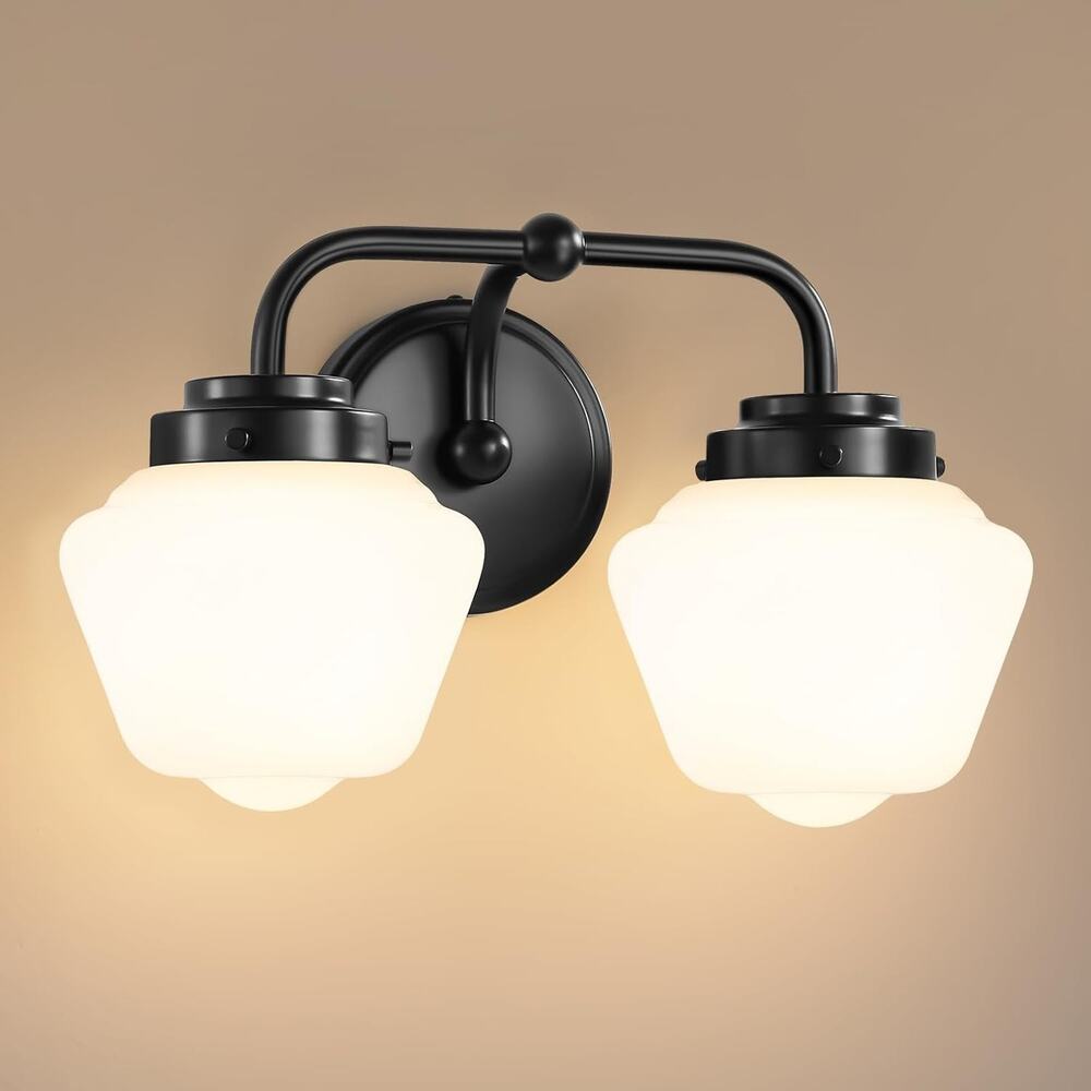 2-Light Black Bathroom Vanity Light Frosted Glass Farmhouse Modern